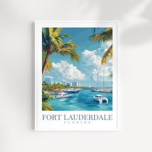 Impression d'art mural Fort Lauderdale en Floride - Paysage urbain illustré et impression de plage, affiche du sud de la Floride, cadeau de voyage décoration côtière Florida Poster