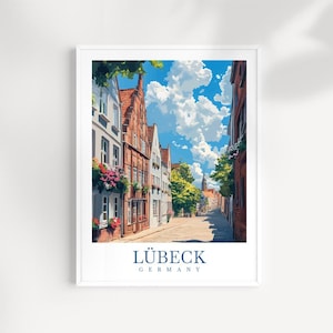 Arte mural de Lübeck, Alemania: ilustración de la ciudad hanseática, impresión de arquitectura medieval, póster gótico de ladrillo, decoración de viaje al norte de Europa