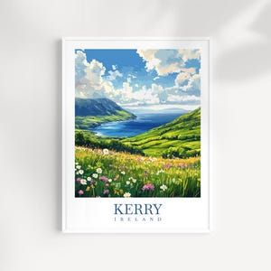 Impresión artística de pared para viajes por el condado de Kerry, Irlanda: póster con paisaje ilustrado, Anillo de Kerry y lagos, regalo de la naturaleza irlandesa