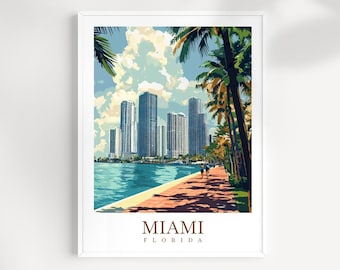 Miami Florida Travel Print – Skyline Wall Art, Tropical City Decor, Coastal Sunset Poster