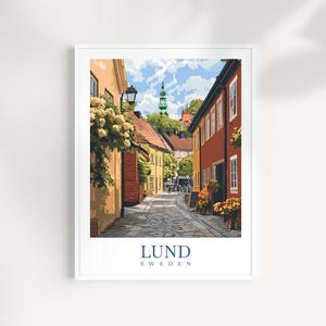 Lámina de viaje de Lund, Suecia, arte mural escandinavo, ilustración de ciudad histórica, póster sueco, regalo de la Universidad de Lund, decoración nórdica