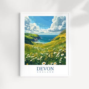 Devon Travel Print Wall Art – England Illustrated Coastal Countryside Poster, UK Seaside Artwork, British Landscape Decor, Travel Gift