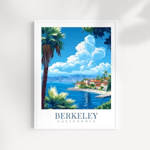 May include: A framed art print featuring a coastal scene with a blue sky and fluffy white clouds. The artwork depicts a body of water, buildings, and palm trees. The text "BERKELEY CALIFORNIA" is printed at the bottom.