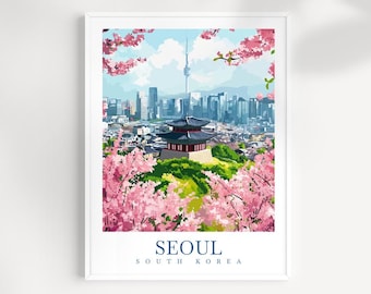 Seoul South Korea Travel Print: Illustrated Cityscape, Korean Landmark Art