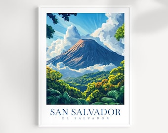 San Salvador El Salvador Wall Art – Illustrated Cityscape & Volcano Print, Central America Poster, Latin American Decor, Travel Gift