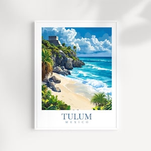 Tulum Mexico Travel Print Wall Art – Illustrated Coastal Poster, Mayan Ruins & Beach Scene, Boho Decor Gift, MexicoTravel Poster