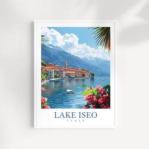 Impresión del lago Iseo, Italia, póster de viaje ilustrado, arte original del lago italiano, decoración de pared natural, obras de arte de Italia escénica, póster de viaje