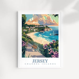 Jersey Channel Islands Wand-Kunstposter - Küstenstadt-Illustration, Reiseplakat der britischen Insel, Küstendekor, britisches Kulturerbe