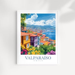 Impresión de arte mural de Valparaíso, Chile: póster ilustrado de una ciudad en la ladera con un colorido paisaje urbano costero, decoración de Sudamérica, regalo de viaje