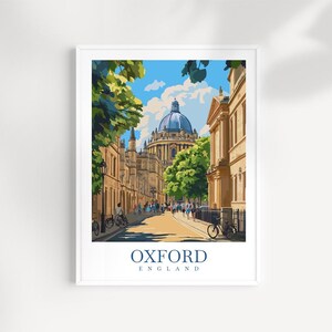 Impresión de pared de viaje de Oxford, Inglaterra: póster ilustrado de paisaje urbano histórico, arquitectura británica icónica, decoración clásica del Reino Unido, regalo de viaje