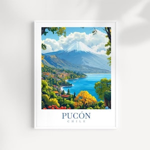 Pucón Chile Travel Print Wall Art – Illustrated Volcano & Lake Landscape Poster, Adventure Nature Decor, South America Gift