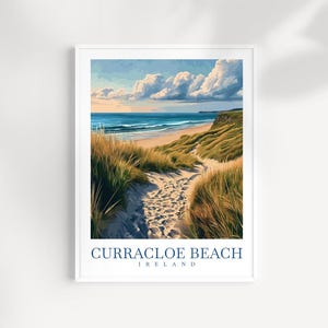 Impresión de arte mural de viaje a la playa de Curracloe, Irlanda: póster ilustrado de paisaje costero, decoración costera irlandesa, póster marino, regalo natural de Wexford