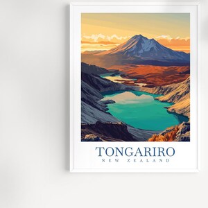 Tongariro New Zealand Travel Print Wall Art - Illustrated Tongariro Landscape, Volcanic Mountains Artwork, Scenic Decor, Travel Gift