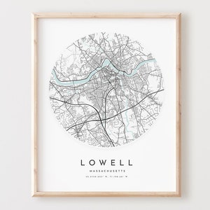 Impressão de mapa de Lowell, mapa de Lowell pôster arte de parede de cidade, mapa de estrada Ma, decoração de mapa de rua de Massachusetts, presente de escritório, L827v4