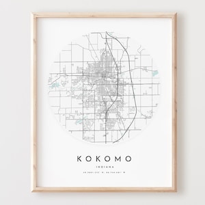 Impressão de mapa Kokomo, mapa Kokomo pôster arte de parede da cidade, no mapa de estradas, decoração de mapa de rua com impressão de Indiana, presente de escritório, L1013v4