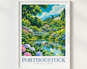 Porthoustock Cornwall Travel Print, English Coastal Village Wall Art, Cornwall Garden Poster