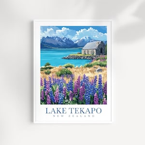 Lake Tekapo Neuseeland Reisedruck Wandkunst - Illustrierte Lake Tekapo Landschaft, Berg & See Kunstwerk, Malerische Dekoration, Reisegeschenk