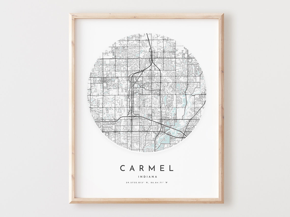 Carmel Map Print, Carmel Map Poster City Wall Art, in Road Map, Indiana ...