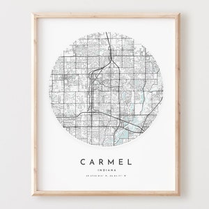 Impressão de mapa de Carmel, mapa de Carmel pôster arte de parede de cidade, mapa de estrada, decoração de mapa de rua de Indiana, presente de escritório, L926v4