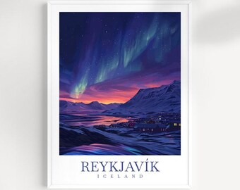 Impressão de viagem de Reykjavik, Islândia: Arte de parede da Aurora Boreal