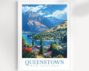 Queenstown New Zealand Travel Poster: Lake & Mountain Art Print