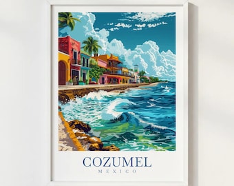 Cozumel Mexico Travel Print Illustration Style Wall Art Poster Tropical Beach Ocean Decor