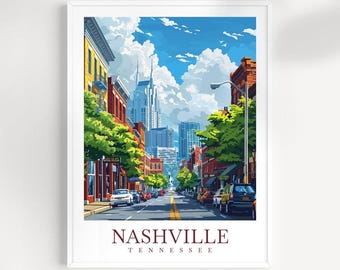 May include: A colourful illustration of a street scene in Nashville, Tennessee. The image features a street lined with buildings, trees, and cars. The buildings are a mix of brick and stone, and the trees are green and lush. The cars are a mix of vintage and modern, and the street is paved with asphalt. The text "NASHVILLE TENNESSEE" is at the bottom of the image.