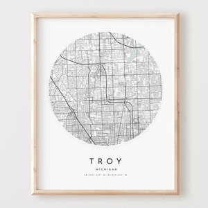 Impressão do mapa de Troy, mapa de Troy pôster arte de parede da cidade, mapa de estrada Mi, decoração de mapa de rua com impressão de Michigan, presente de escritório, L975v4