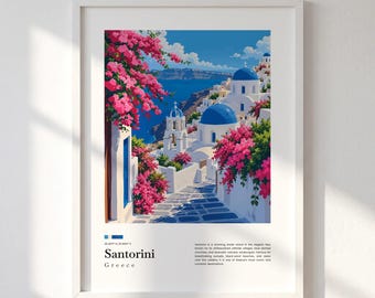 Santorini Travel Print, Greece Wall Art, Greek Island Poster, Blue Dome Church, Mediterranean Canvas Decor