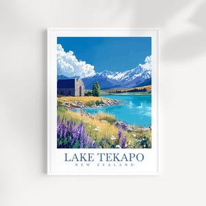 Lake Tekapo Neuseeland Reisedruck Wandkunst - Illustrierte Lake Tekapo Landschaft, Berg & See Kunstwerk, Malerische Dekoration, Reisegeschenk