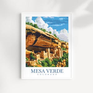 Impresión de arte mural de viaje a Mesa Verde, Colorado: paisaje ilustrado de acantilados, obra de arte natural original, decoración de Colorado, regalo de aventura