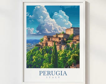 Perugia Print Italy Travel Poster Illustration Style Wall Art Print Umbrian City Landscape Decor