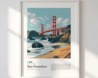 San Francisco Travel Print, Golden Gate Bridge Wall Art, California Poster, Coastal Canvas Decor