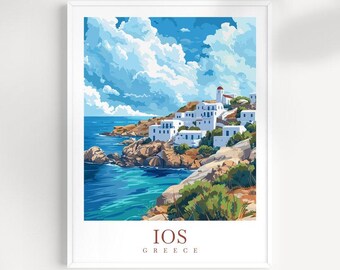 May include: A colourful illustration of a white village on a rocky cliff overlooking a blue ocean. The sky is blue with white clouds. The text "IOS GREECE" is at the bottom of the image.