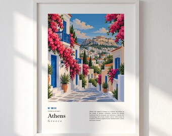 Athens Travel Print, Greece Wall Art, Acropolis Poster, Plaka Street Decor, Illustrated Destination Story