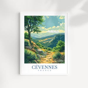 Cevennen Frankrijk reisafdruk muurkunst - geïllustreerd berg- en dallandschap, origineel natuurkunstwerk, Frans decor, avontuurcadeau