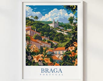 Braga Portugal Travel Print Illustration Style Wall Art Poster Historic City Architecture Decor