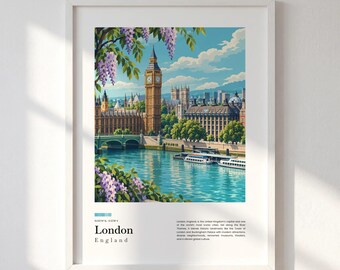 London Travel Print, Big Ben Wall Art, River Thames Poster, England City Canvas Decor