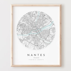 Impressão de mapa de Nantes, mapa de Nantes pôster arte de parede da cidade, mapa de estradas de Nantes, decoração de mapa de rua de Nantes, presente de escritório, L414v4