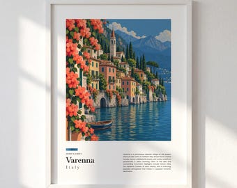 Varenna Travel Print, Lake Como Wall Art, Italy Poster, Italian Village Illustration, Canvas Decor