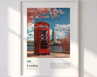 London Travel Print, Big Ben Wall Art, England Poster, Red Telephone Box, British City Decor