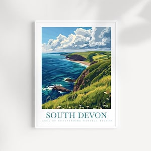 Impression de la côte sud du Devon : oeuvre d&#39;art murale de voyage AONB