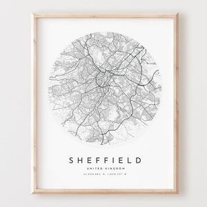 Impressão de mapa de Sheffield, mapa de Sheffield pôster arte de parede da cidade, mapa de estradas de Sheffield, decoração de mapa de rua de impressão de Sheffield, presente de escritório, L219v4
