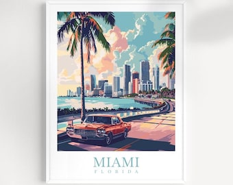 Miami Skyline Kunstdruck: Florida Reise Poster, Home Decor