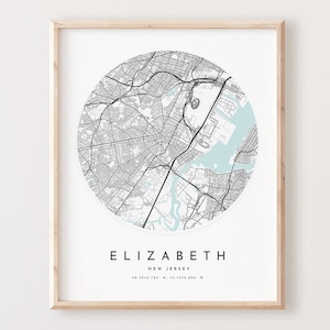 Impresión de mapa de Elizabeth, póster de mapa de Elizabeth, arte de pared de ciudad, mapa de carreteras de Nueva Jersey, decoración de mapa de calles de Nueva Jersey, regalo de oficina, L763v4