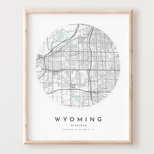 Impression de carte du Wyoming, carte du Wyoming affiche art mural de la ville, carte routière de Mi, décoration de carte de rue impression Michigan, cadeau de bureau, L1053v4