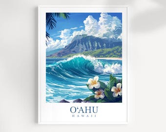 May include: A framed print of a colorful illustration of a wave crashing on a beach in front of a mountain range. The text "O'AHU HAWAII" is at the bottom of the print. White flowers are in the foreground.