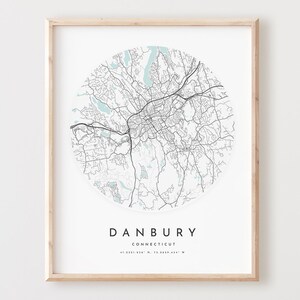 Impressão de mapa de Danbury, mapa de Danbury pôster arte de parede da cidade, mapa de estradas Ct, decoração de mapa de rua com impressão de Connecticut, presente de escritório, L648v4