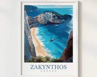 Zakynthos Greece Travel Print Illustration Style Wall Art Poster Island Beach Blue Caves Decor