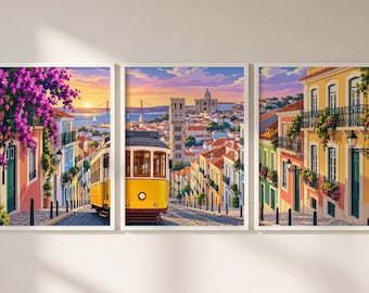 Lisbon Portugal Set of 3 Prints, Lisbon Print Wall Art, Lisbon Triptych Posters, Portugal Travel Decor